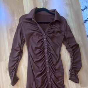 Button-Front Brown Long Sleeve Dress